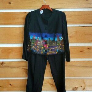 Karin Stevens Vintage Skyscraper Night Light Graphic Black Padded Sz 10 Pantsuit